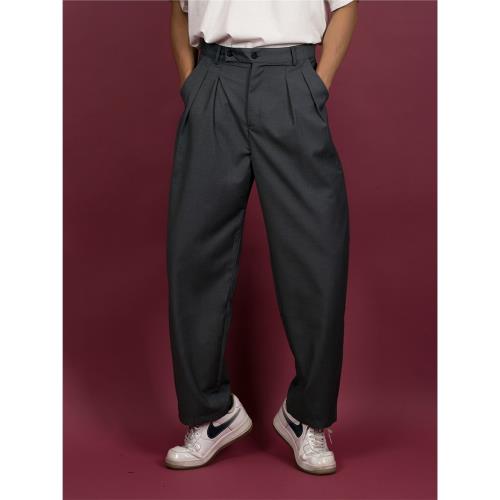 CLP原創男裝復古基本款灰色寬松闊腿西褲時髦百搭顯腿長休閑長褲