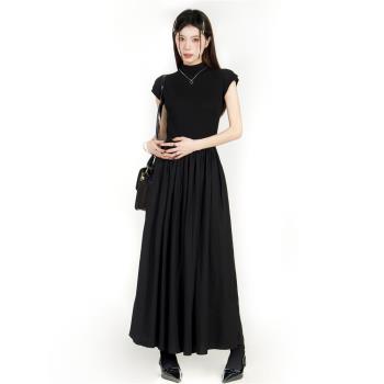 黑色短袖連衣裙女高級感氣質小黑裙夏季新款收腰法式長款裙子