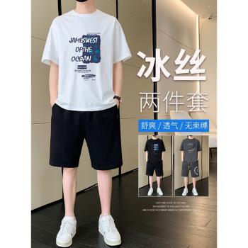港風時尚潮牌套裝男士夏季薄款短袖t恤男生夏天運動休閑速幹短褲