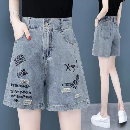 牛仔短褲女夏松緊高腰寬松大碼顯瘦小個子刺繡破洞休閑闊腿五分褲