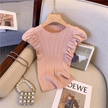 粉紅色坎肩泡泡袖T恤女2023夏設計感甜美無袖針織衫修身顯瘦背心