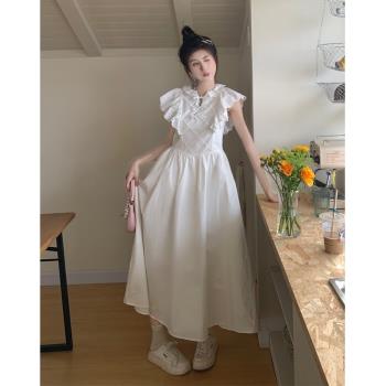 新中式復古國風花邊小飛袖高端精致連衣裙子女夏季盤扣氣質長裙潮