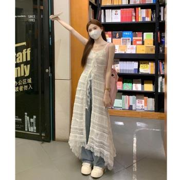 韓版復古蕾絲高級感女夏季小個了設計感小眾疊穿吊帶長款連衣裙子