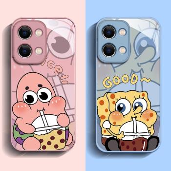 適用opporeno9手機殼海綿寶寶oppo保護套reno9pro+十卡通可愛8女新款情侶7液態玻璃findx6全包矽膠x5個性時尚