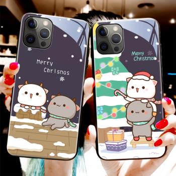 聖誕節蘋果15promax手機殼13新款卡通14pro情侶蜜桃貓iphone12可愛趣味11潮牌11pro女款plus網紅玻璃防摔xs套