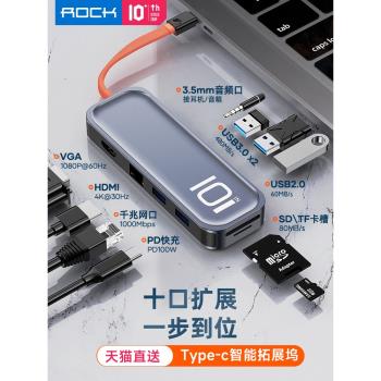 ROCK typec擴展塢拓展筆記本USB分線雷電3多接口hdmi網線4適用于電腦轉換器轉接頭mac