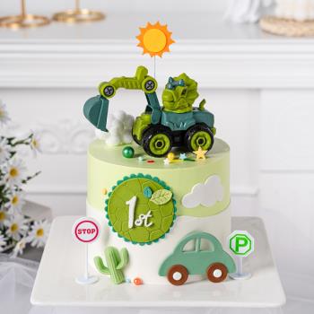 網紅蛋糕裝飾恐龍挖掘機擺件小汽車插件兒童生日派對工程車裝扮