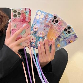 鑲鉆油畫花朵適用三星s24手機殼s22/s23+斜挎掛繩s23ultra軟殼s21+/s22ultra保護套s24FE潮女s24ultra/s23FE