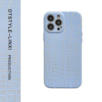 原創意大利進口牛皮遠峰藍擦金鱷魚紋手機殼適用于蘋果14promax精孔鏡頭金屬包裹按鍵防摔保護套原創小眾設計