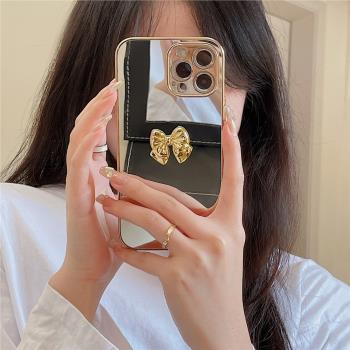 蝴蝶結化妝鏡子適用蘋果iPhone15Pro手機殼iXs簡約軟殼Max防摔13Pro電鍍金i12全包保護套網紅ins風14plus外殼
