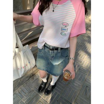 CCKOK 彩條華夫格插袖T恤2023年夏季新品條紋可愛甜美寬松短袖女