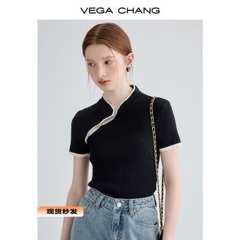 VEGA CHANG短袖針織衫女2023夏新款設計感小個子顯瘦黑色短款上衣