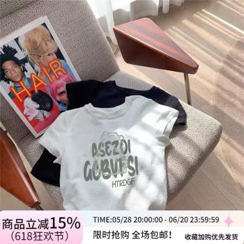 好看到逆天~美式高街正肩上衣女設計感百搭小眾印花純棉短袖t恤潮