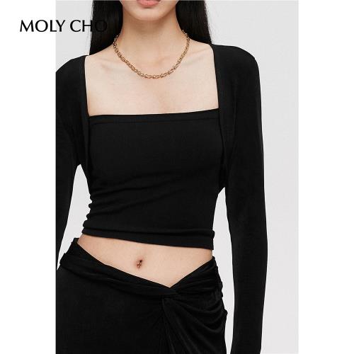 MOLY CHO黑色薄款坎肩開衫外套女夏季修身罩衫氣質短款外搭上衣