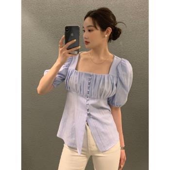 韓國chic夏季新款設計感小眾氣質單排扣提花上衣短袖襯衫女襯衣