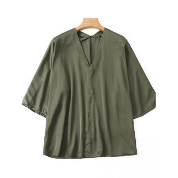 外貿尾貨襯衫女夏季新款A72韓版時尚純色V領中袖緞面寬松顯瘦襯衣