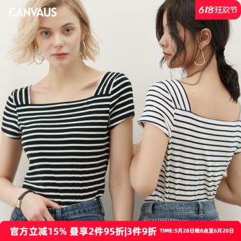 低領短袖黑色白色修身上衣橫條