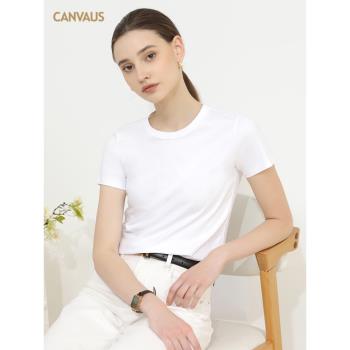 CANVAUS韓版純色圓領短袖基礎T恤女黑白色夏季修身顯瘦純棉上衣潮