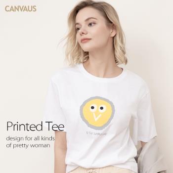 CANVAUS新款純棉白色圓領短袖女t恤印花大碼學生個性簡約寬松上衣