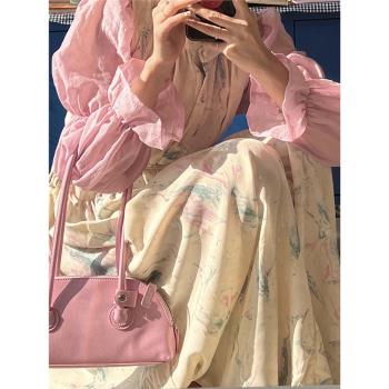 2023年秋季法式復古韓版粉色長袖襯衫扎染氣質收腰顯瘦背心連衣裙