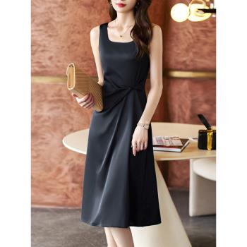 黑色醋酸緞面吊帶連衣裙2023新款女夏季高端氣質職業套裝無袖長裙
