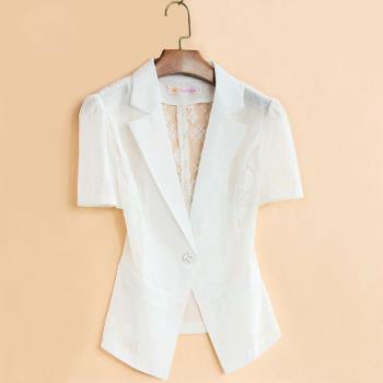 白色短袖西裝女外套修身薄款夏季短款韓版蕾絲網紗西服小披肩外搭