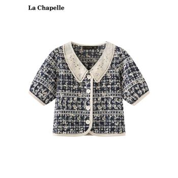 拉夏貝爾/La Chapelle夏季新款復古鏤空鉤花短袖襯衫女娃娃領上衣
