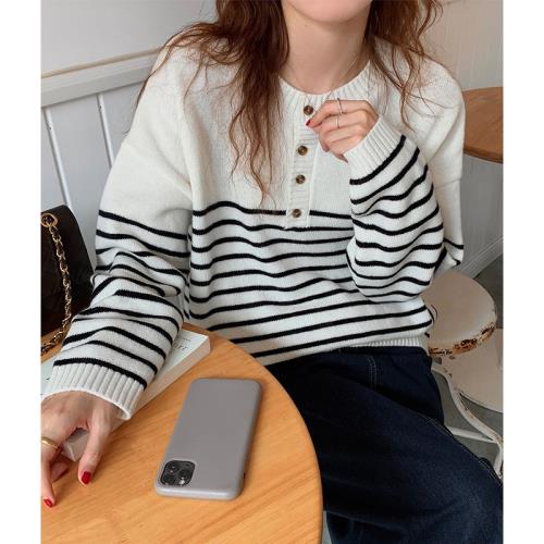 撞色黑白條紋毛衣針織衫女秋冬復古海魂衫慵懶寬松設計感小眾上衣