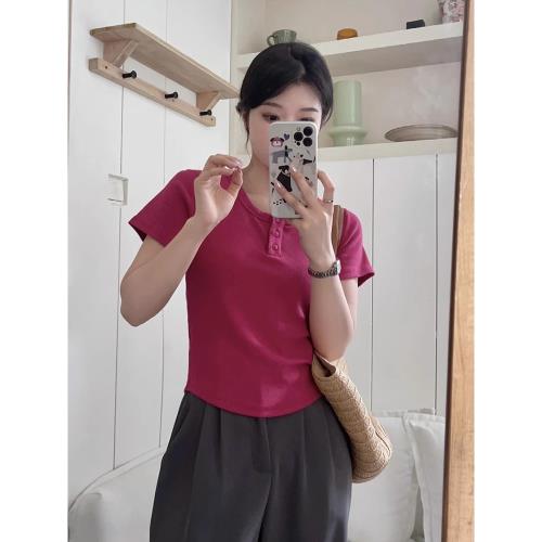 三木子自制 夏季寬松設計感小眾短款短袖修身T恤火龍果色上衣女裝