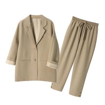 XC 春季新品寬松休閑西服氣質兩件套裝復古西裝外套女廓型中長款