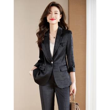 黑色醋酸西裝外套女夏季薄款高級感七分袖職業高端西服套裝工作服