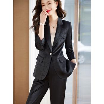 黑色醋酸緞面西裝外套女夏季高端七分袖職業裝修身西服套裝工作服