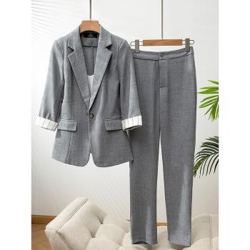 灰色西裝外套女夏季薄款2023新款夏款職業工裝七分袖休閑西服套裝