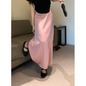 設計感粉色絲滑洋氣長裙子緞面