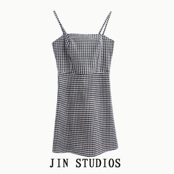 JIN 22黑白吊帶顯瘦一步裙小格子