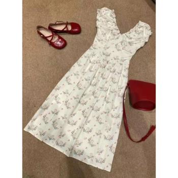 白色碎花連衣裙女2023新款夏季小個子茶歇法式v領長裙氣質高級感