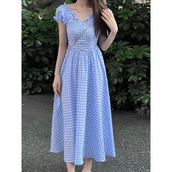 黃色v領連衣裙女2023新款夏季法式收腰藍色格子a字長裙氣質高級感
