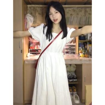 溫柔風初戀白色方領連衣裙子夏季2023新款收腰法式泡泡袖長裙仙女