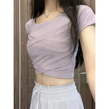紫色交叉正肩短袖t恤女夏季2023新款純欲辣妹短款上衣設計感小眾