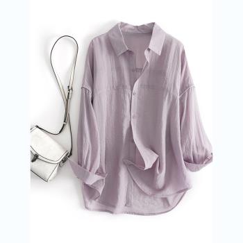 日系紫色棉麻長袖防曬襯衫外套女夏季高級感薄款亞麻襯衣外搭上衣