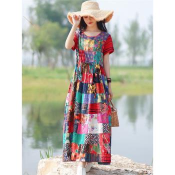 夏季棉麻印花民族風顯瘦連衣裙