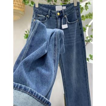 美式復古藍色牛仔褲子女2023秋季新款小個子高腰顯瘦直筒休閑長褲