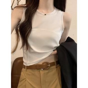 白色背心女修身美式辣妹小心機工字吊帶防走光圓領無袖馬甲上衣夏