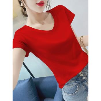 純棉2023夏新款v領紅色短袖T恤女韓版修身百搭雞心領半袖體恤上衣