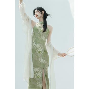 新中式禪意套裝2023夏季新款開衫搭掛脖旗袍改良蕾絲連衣裙兩件套