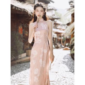 粉色改良旗袍開衫兩件套2023年新款夏季法式掛脖連衣裙高級感套裝