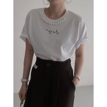 韓國chic東大門夏季簡約珍珠點綴圓領字母短袖T恤寬松上衣打底衫