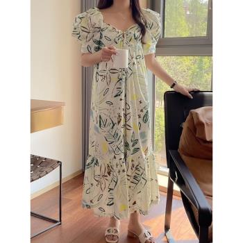 韓國chic夏季新款法式度假風低胸性感氣質方領復古印花背心連衣裙