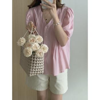 韓國chic夏季新款小清新甜美顯瘦減齡設計感小眾泡泡袖襯衫上衣女