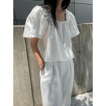 韓國chic夏季新款小香風氣質小眾松緊褶皺方領精致上衣喇叭袖襯衫